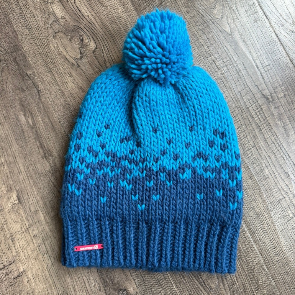 Salomon Beanie Womens One Size Blue Nordic Knit Hat with Pom